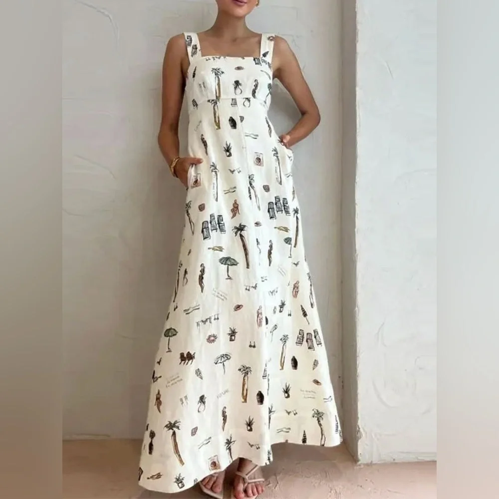 Full Size Printed Square Neck Tie Back Maxi Dress Plus Size